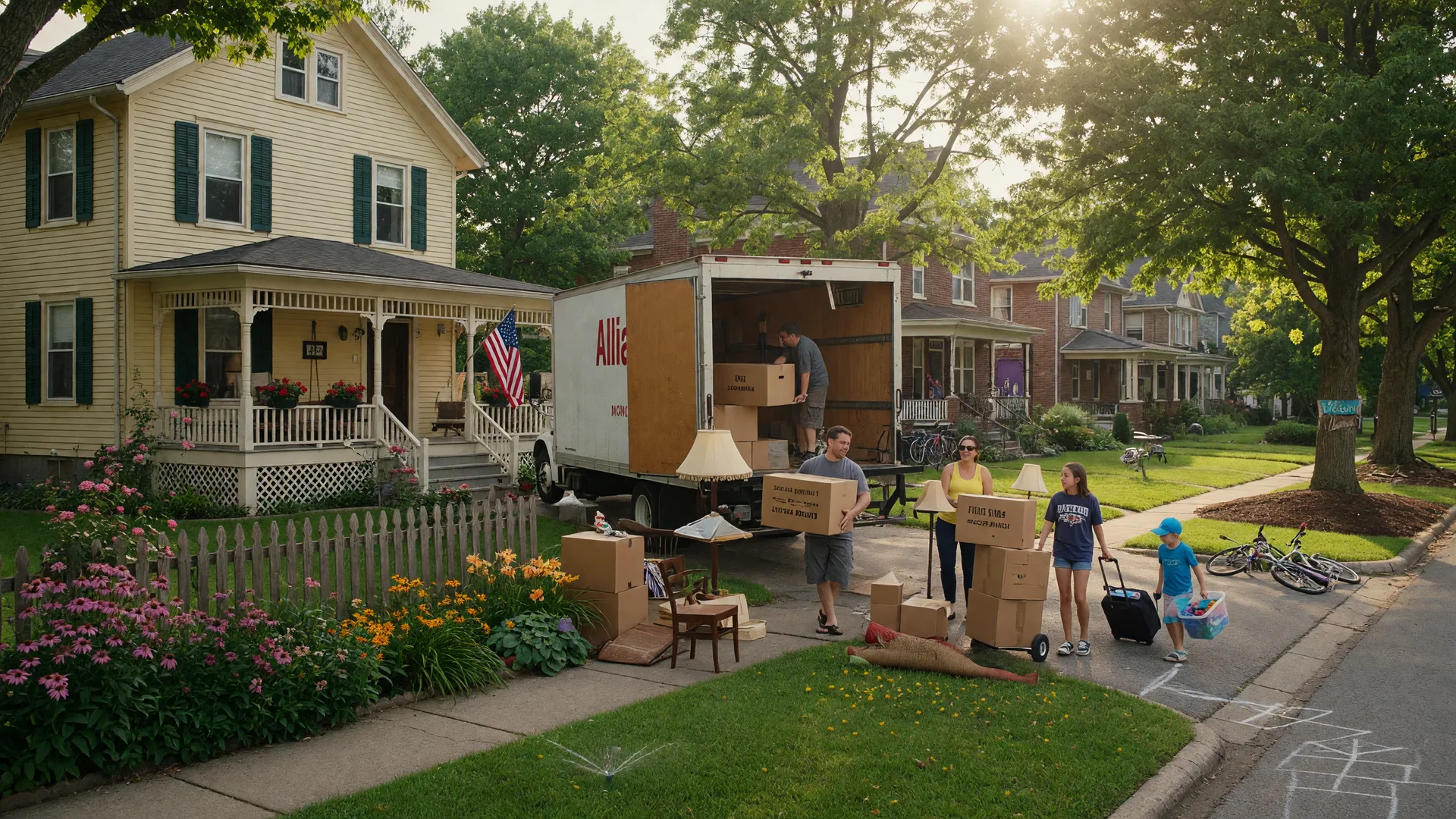 A moving truck parked in front of a historic home on a tree-lined Dayton Ohio street with a family unloading boxes