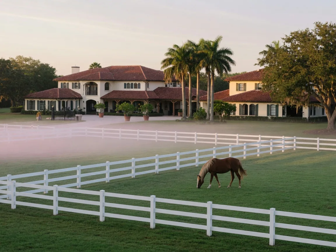 A Wellington equestrian estate in soft morning light, with white fencing and green paddocks