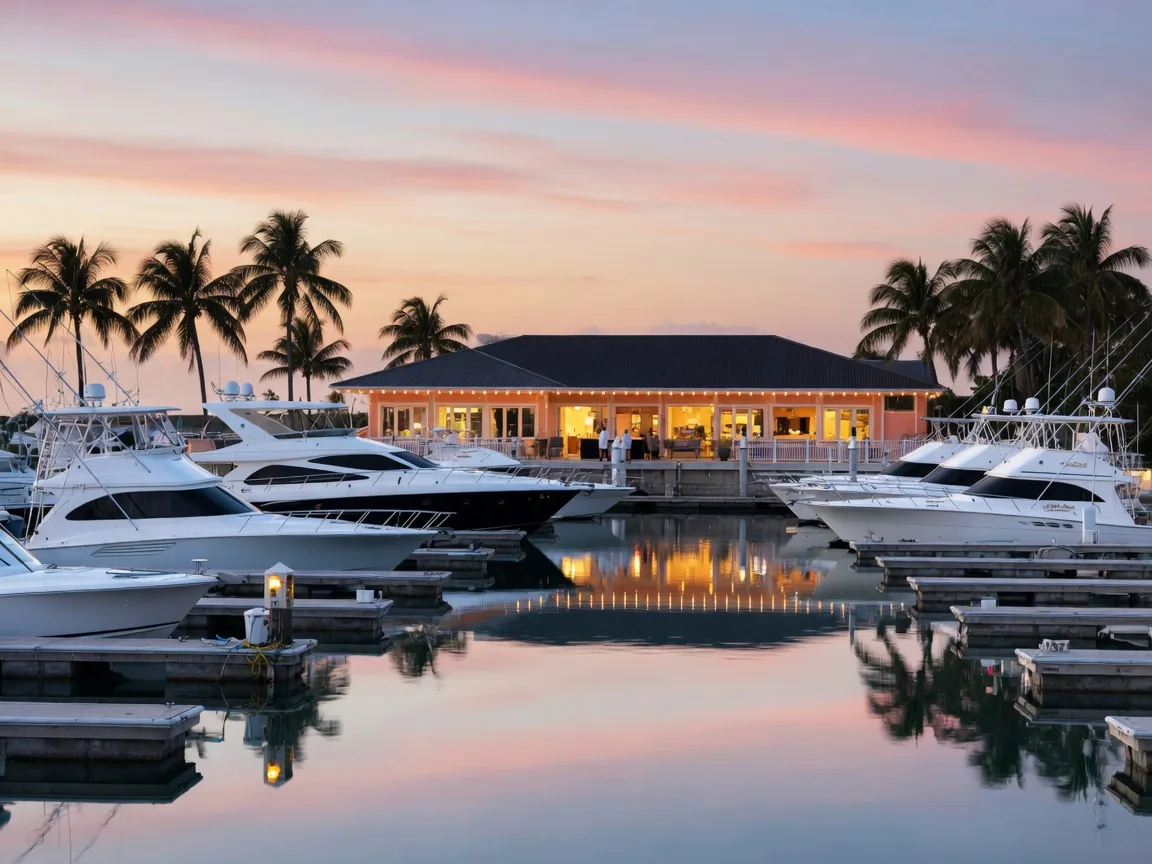 A pristine private marina in a Florida Keys island club at dusk, rows of yachts and sportfish boats moored at polished concrete docks with floating walkways, warm lights glowing from a low metal-roofed clubhouse, and calm water mirroring a pastel sky