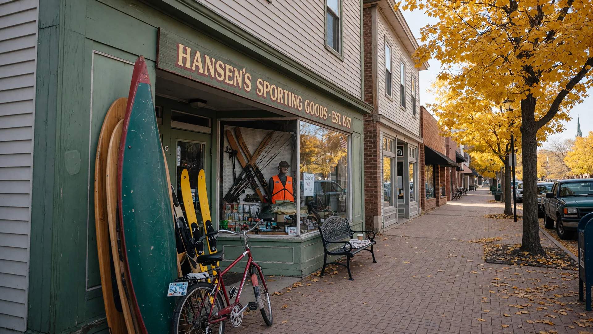 Classic wood-frame sporting goods storefront on a small-town autumn main street with a canoe leaning by the window