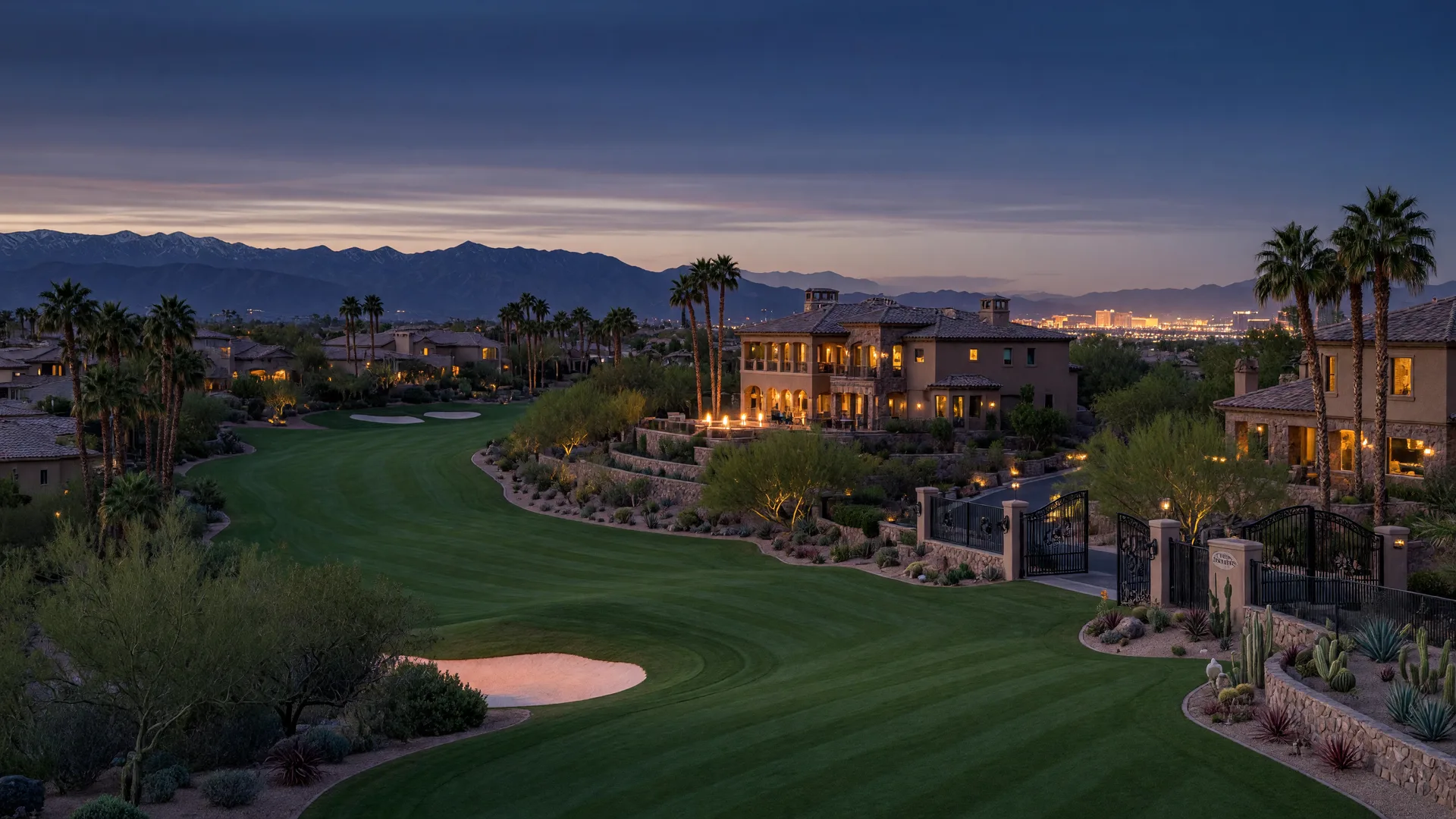Custom estate homes of The Estates rising above a private golf fairway at dusk, with mountains and the distant Las Vegas glow