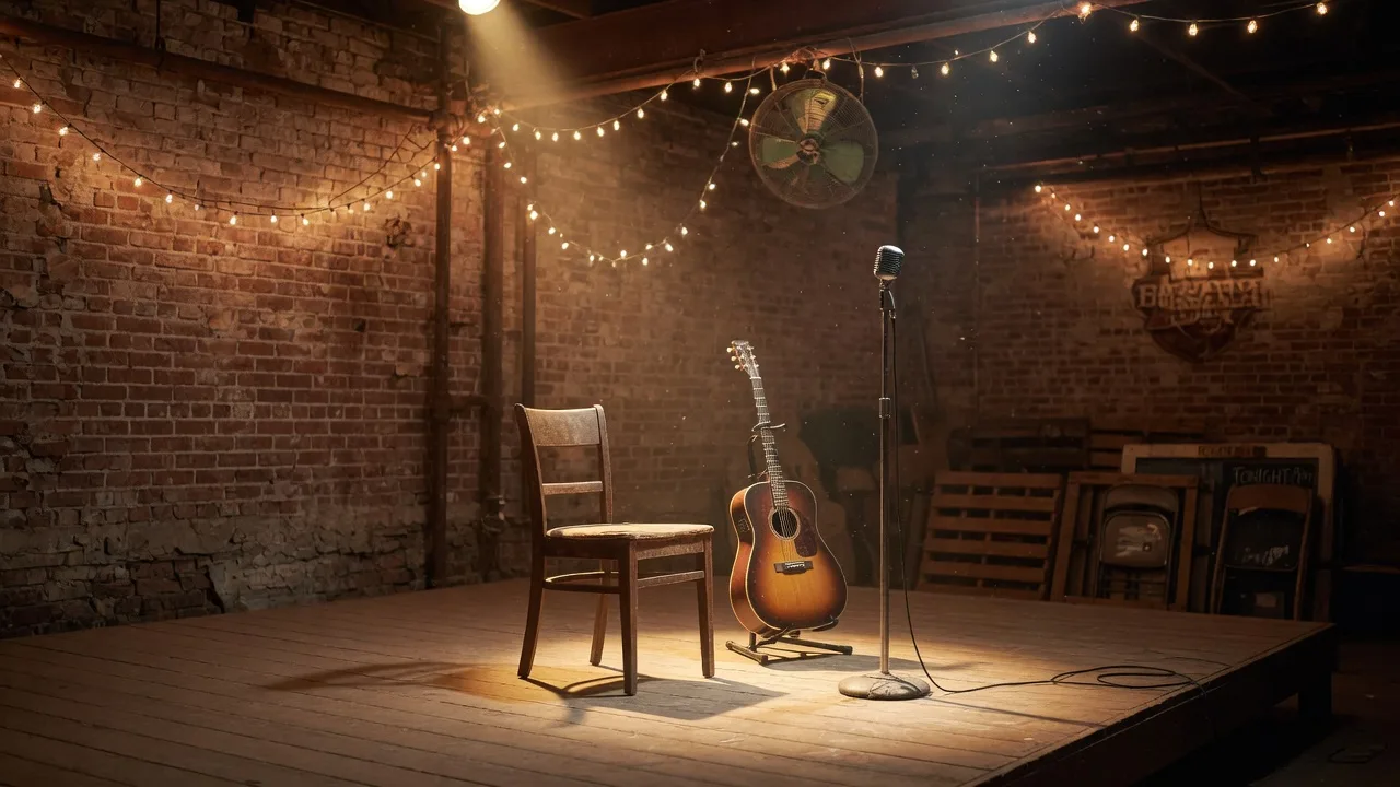 An intimate Texas icehouse singer-songwriter stage with a lone microphone in a warm spotlight, an acoustic guitar on a stand, a single wooden chair, and string lights