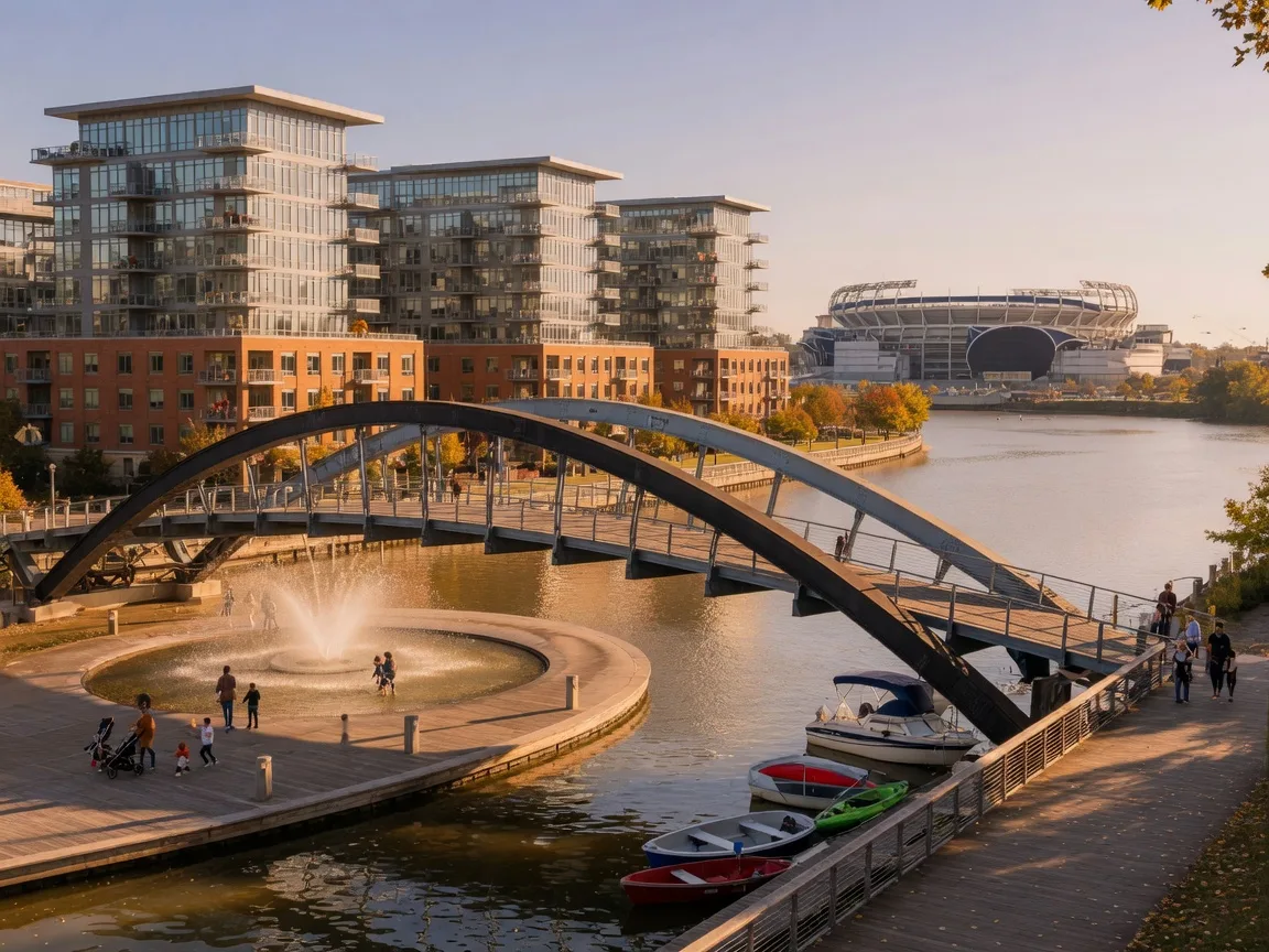 The Yards Park boardwalk and arched steel bridge along the Anacostia River in the Navy Yard neighborhood of Washington DC on a golden mid-October afternoon, modern condo towers behind and families strolling by the fountain plaza