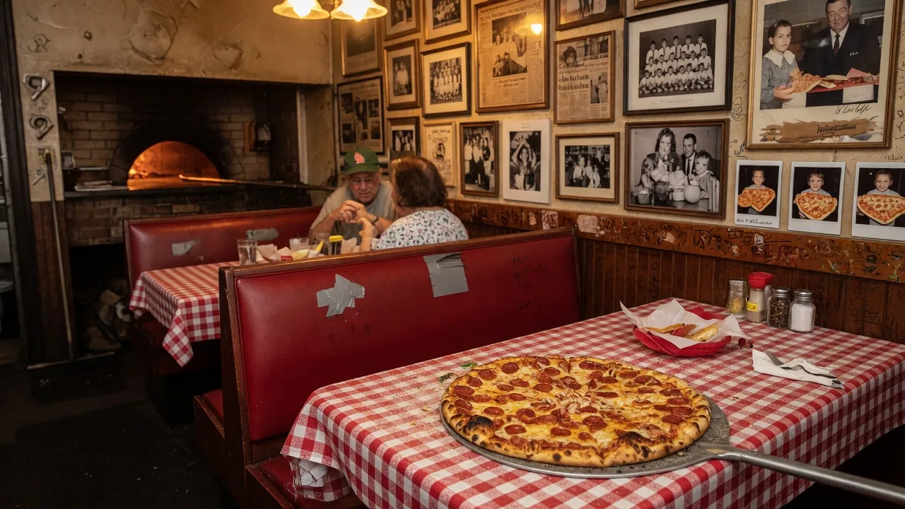 A bubbling pepperoni and cheese pizza fresh from a brick oven on a red checkered table at Angelo's Pizza in Lakewood Ohio