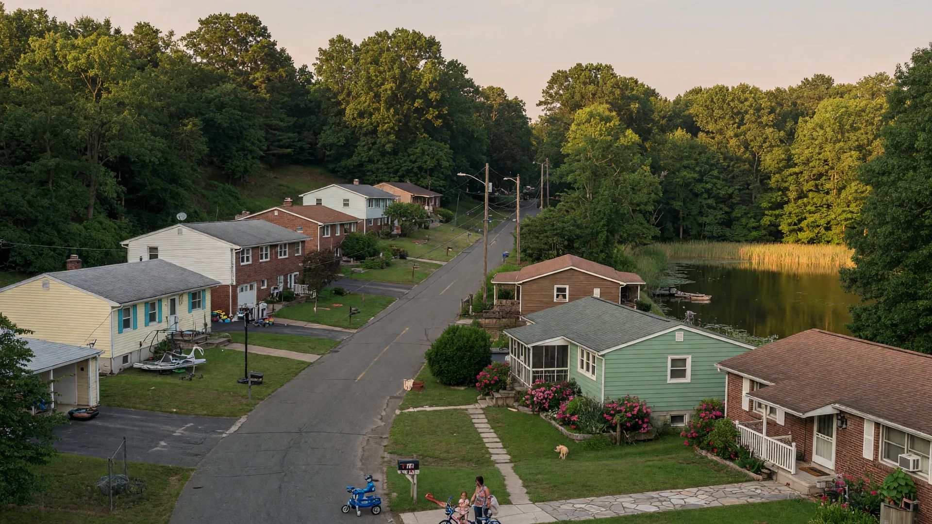 Residential street and lake in Pine Hill, New Jersey