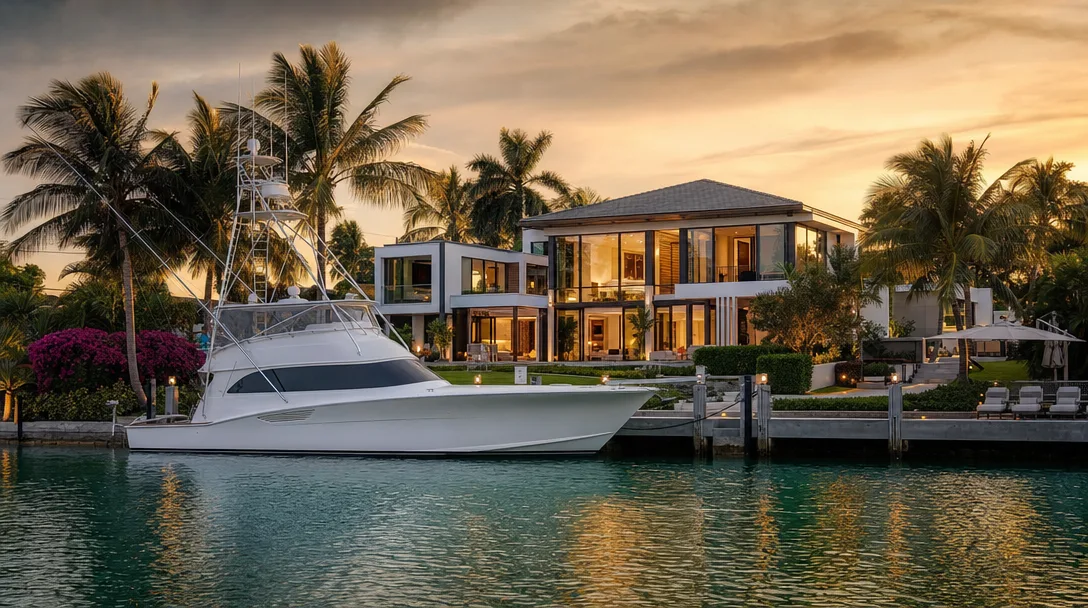 Luxury waterfront estate in the Upper Florida Keys at golden hour with a contemporary home, deep-water canal, sportfishing yacht at private dock