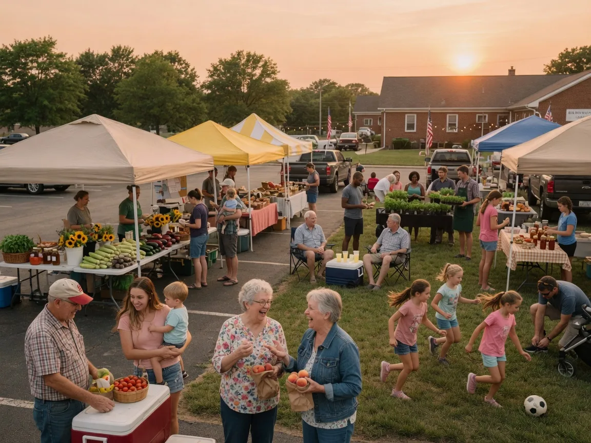 A community gathering and farmers market in Gladstone, Missouri with neighbors socializing and connecting