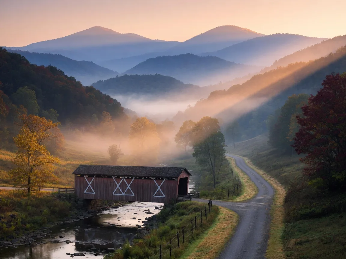 A misty West Virginia mountain valley at sunrise with a covered bridge over a clear river