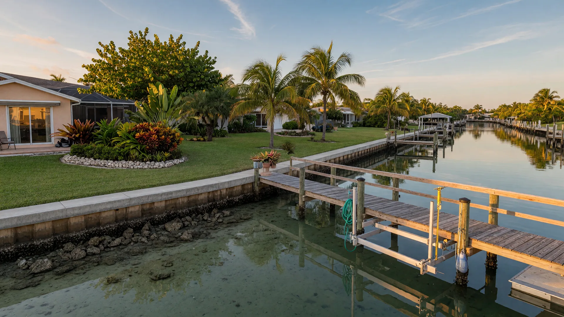 A South Florida residential canal at low tide with a wooden dock and boat lift beside a waterfront backyard and seawall