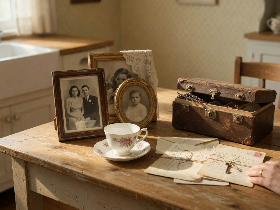 Family keepsakes, framed photos, and letters being sorted on a wooden table in warm afternoon light