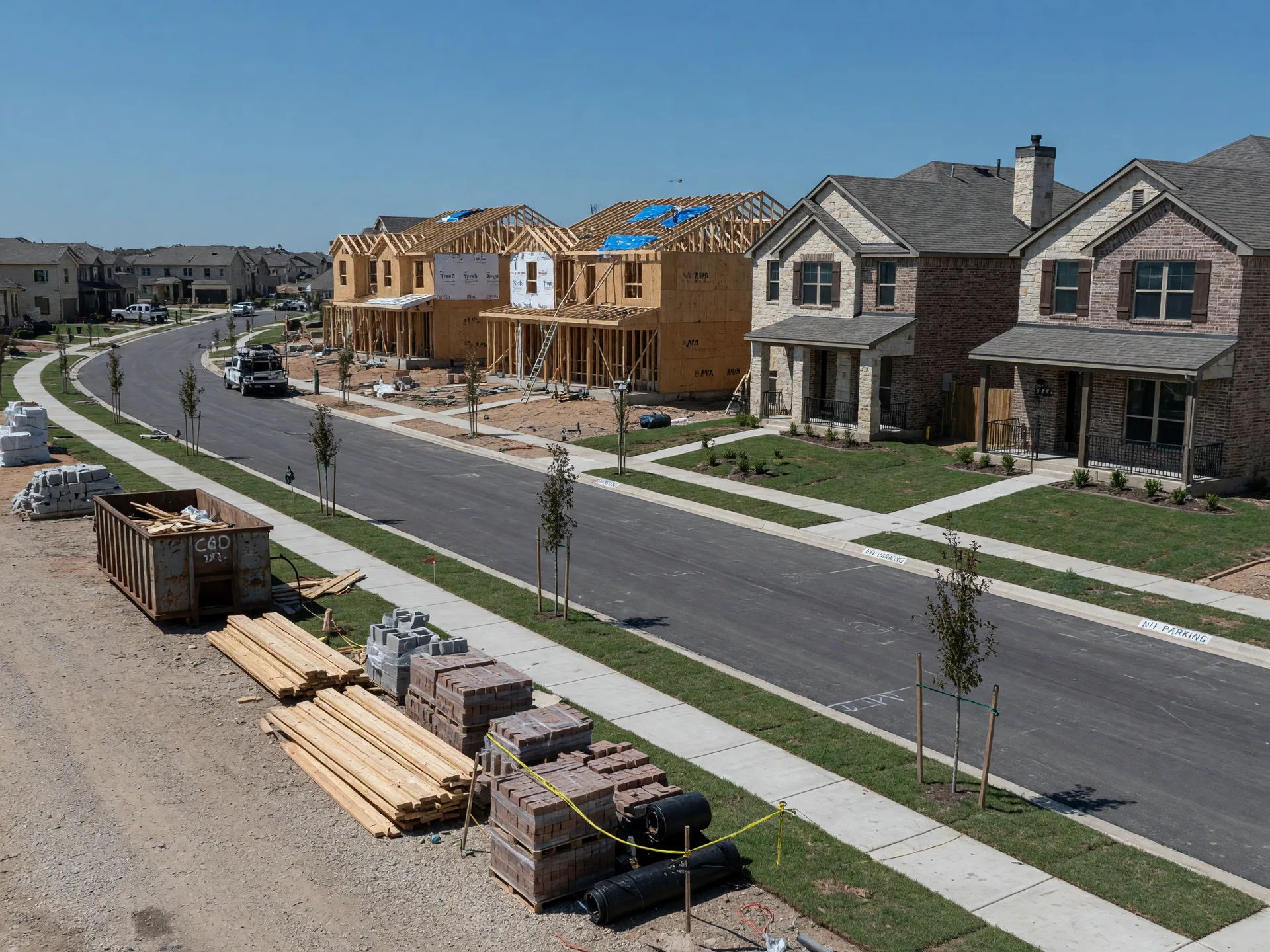 Newly finished stone-and-brick homes beside wood-framed homes on an active construction street in a Texas suburb near San Antonio