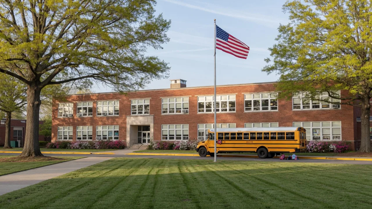 Red-brick elementary school building in Virginia Beach with green playing fields and a school bus on a bright spring morning