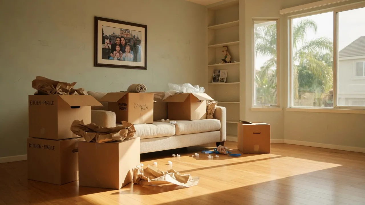 A bright California living room mid-move with stacked cardboard moving boxes and packing paper on a wood floor, warm afternoon light through large windows