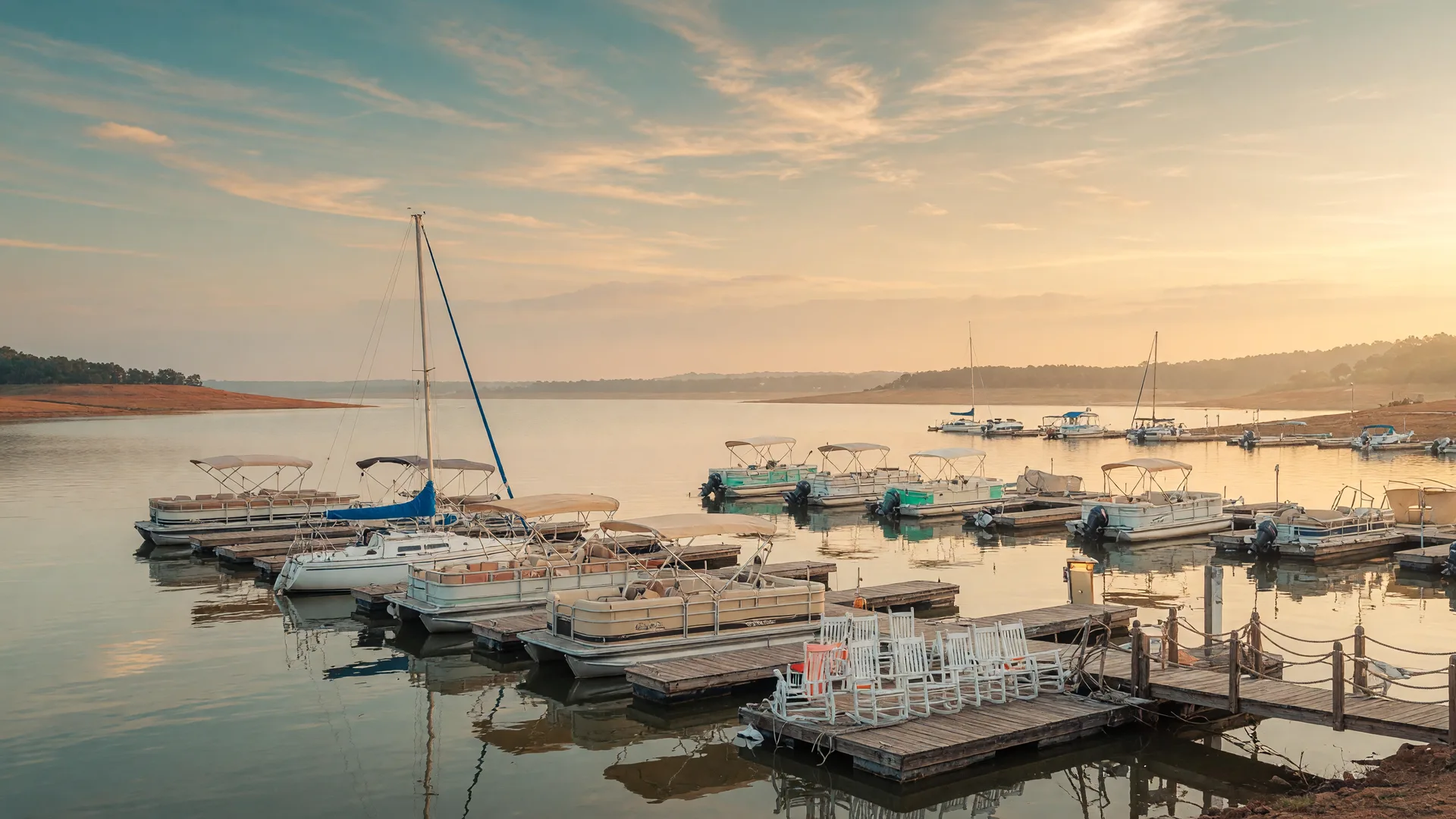 Golden hour at a Lake Texoma marina with boats and docks in a calm cove