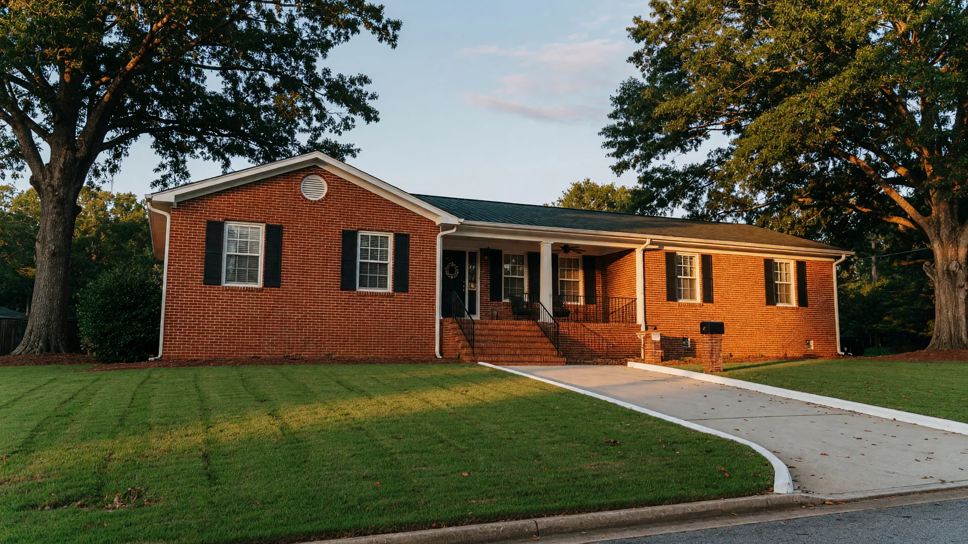 Classic brick ranch home in southwest Atlanta with a manicured lawn in golden afternoon light