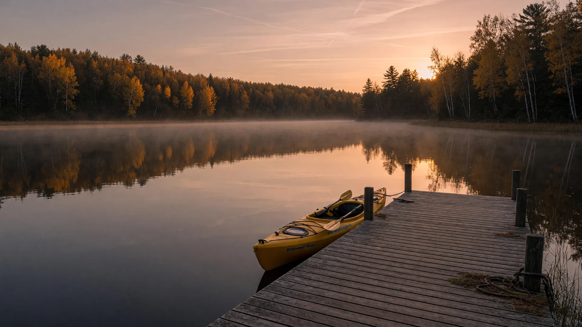A quiet northern Minnesota lake in mid-October at golden hour with a lone kayak tied to a wooden dock, amber pine and birch shoreline, and thin mist over the far shore