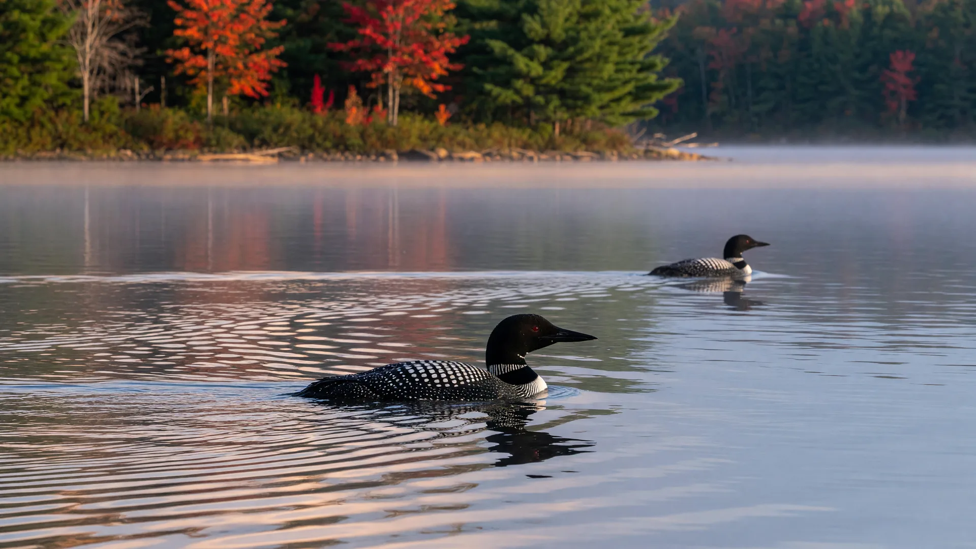 A common loon gliding across a calm Minnesota lake at low golden morning light, with red maple shoreline showing first autumn color