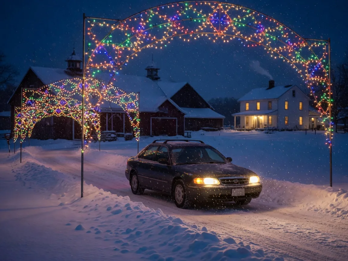 A car driving through glowing Christmas light arches on a snowy path at a farm park holiday light drive-through at night