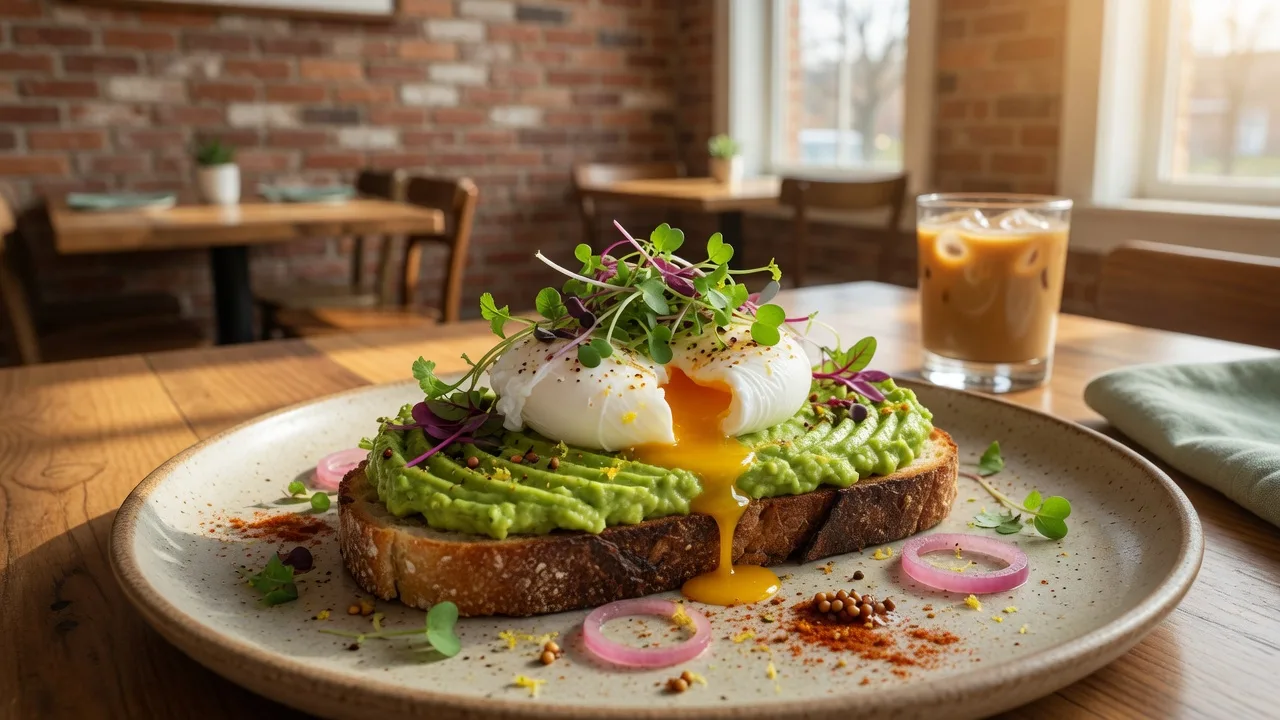 A beautifully plated avocado toast with poached eggs and microgreens at a modern American restaurant in the Dayton area with exposed brick and warm natural light