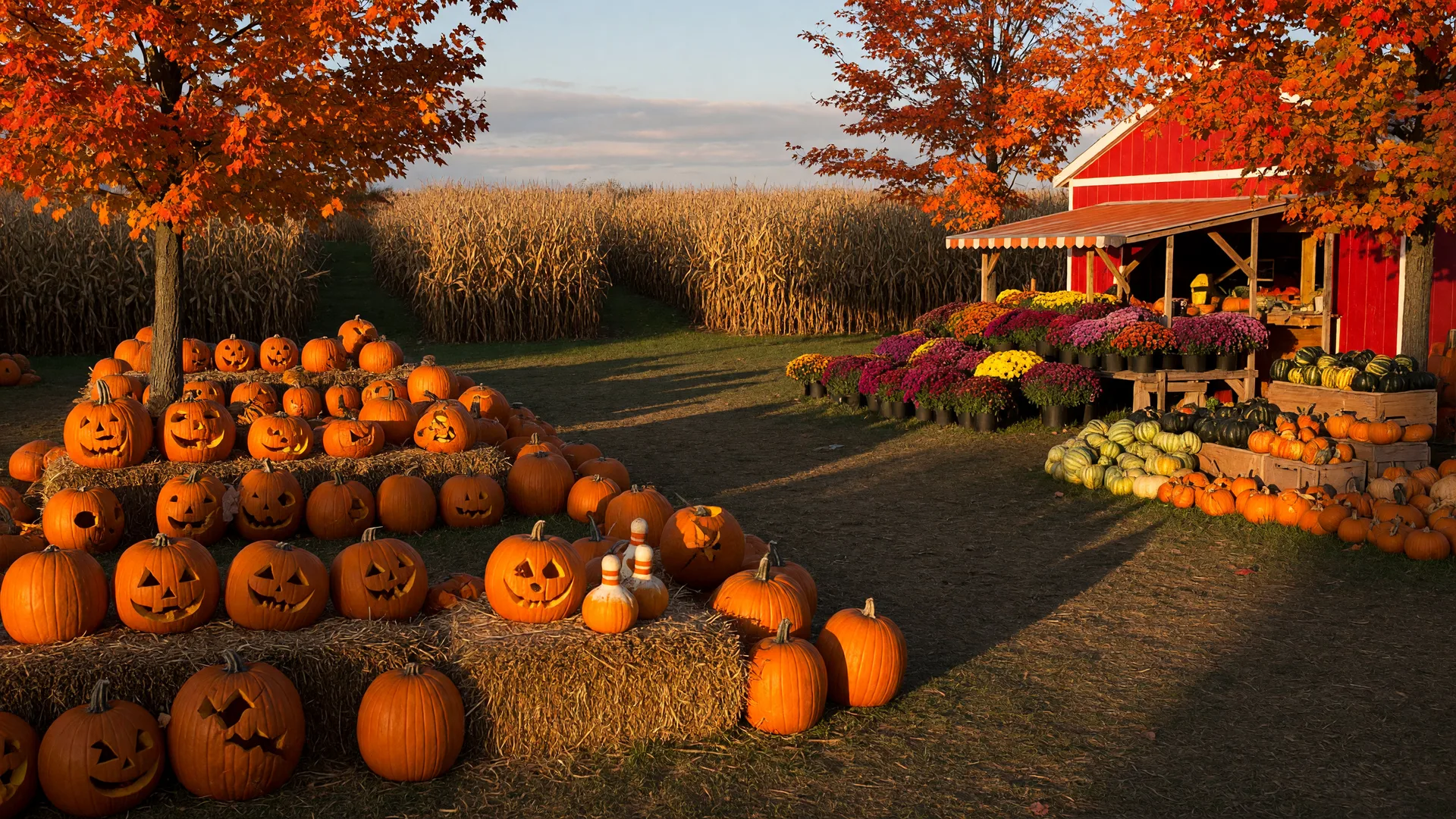 Autumn harvest farm scene with pumpkins, hay bales, and a corn maze in golden light