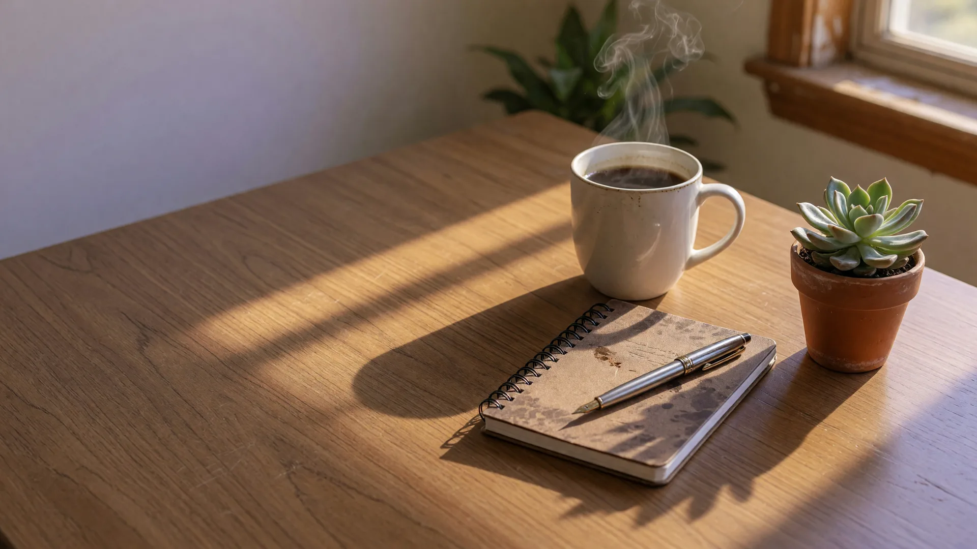 A desk in soft morning light with coffee, a notebook, and a small plant, a quiet scene for a men's health article