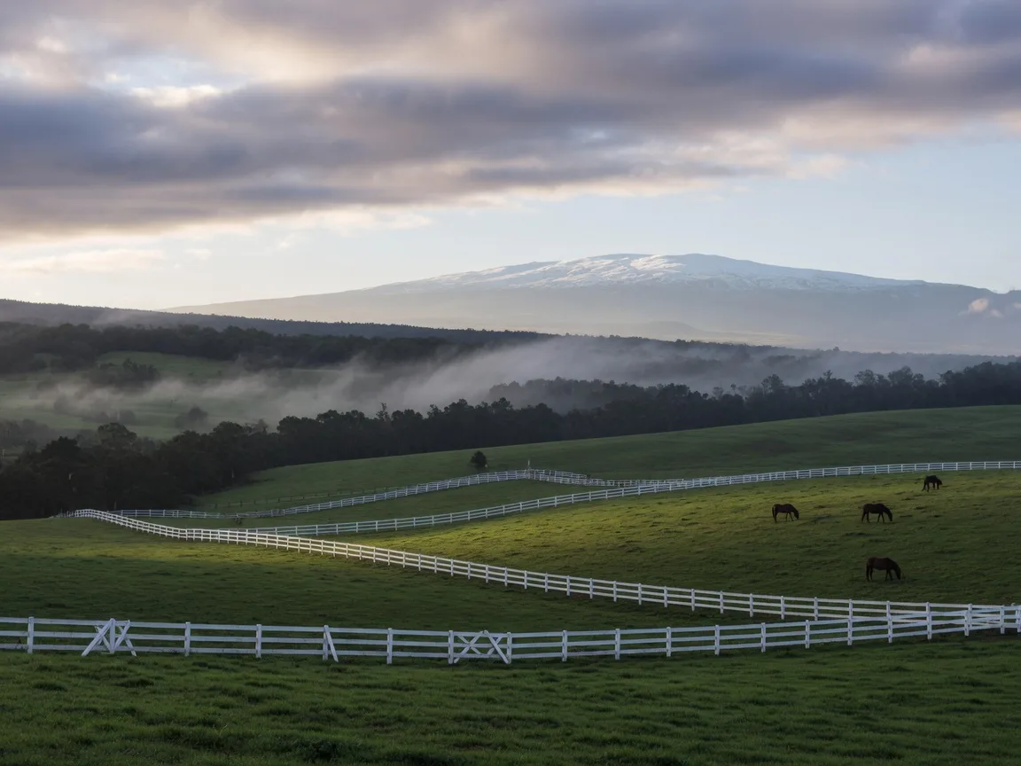 Green ranch pastures near Waimea with misty hillsides