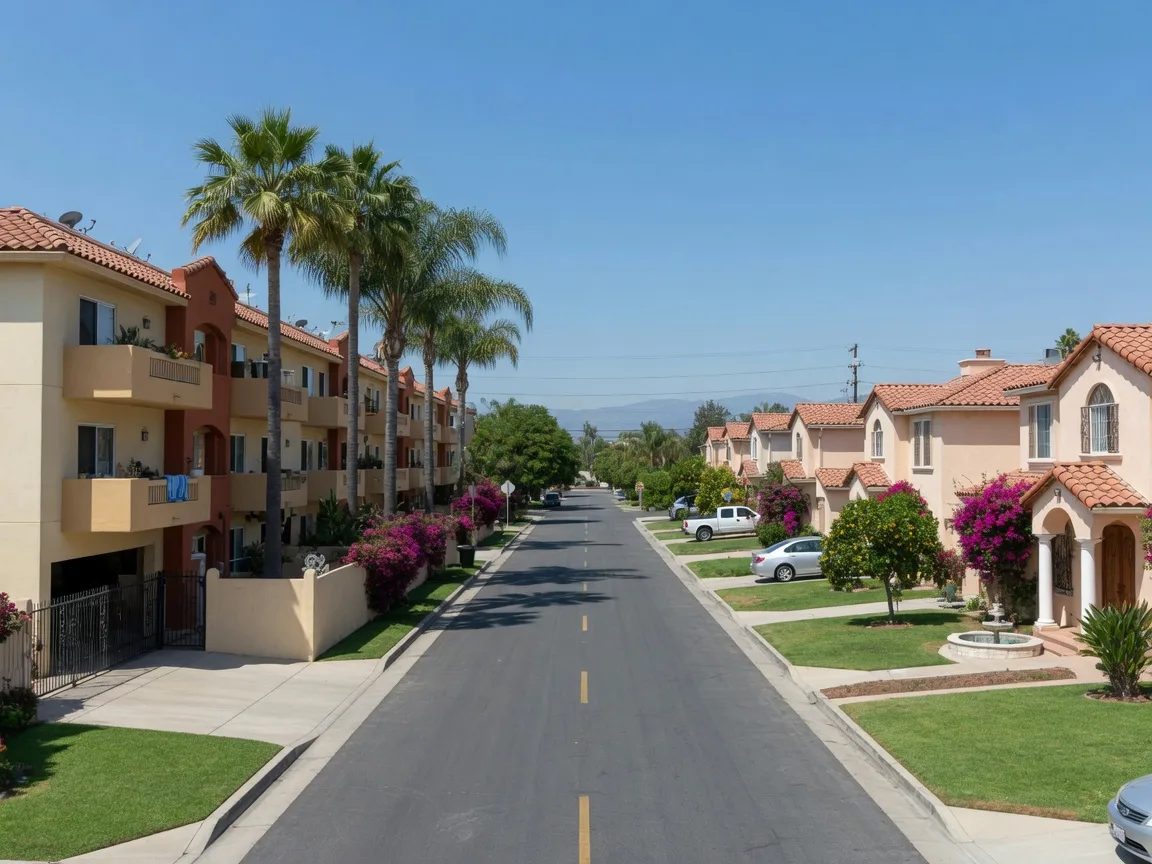 Southern California neighborhood street with apartment balconies across from single-family homes