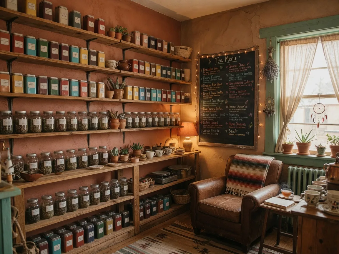Inside New Mexico Tea Company in Albuquerque showing wooden shelves lined with colorful tea tins, glass jars, and a cozy armchair seating area