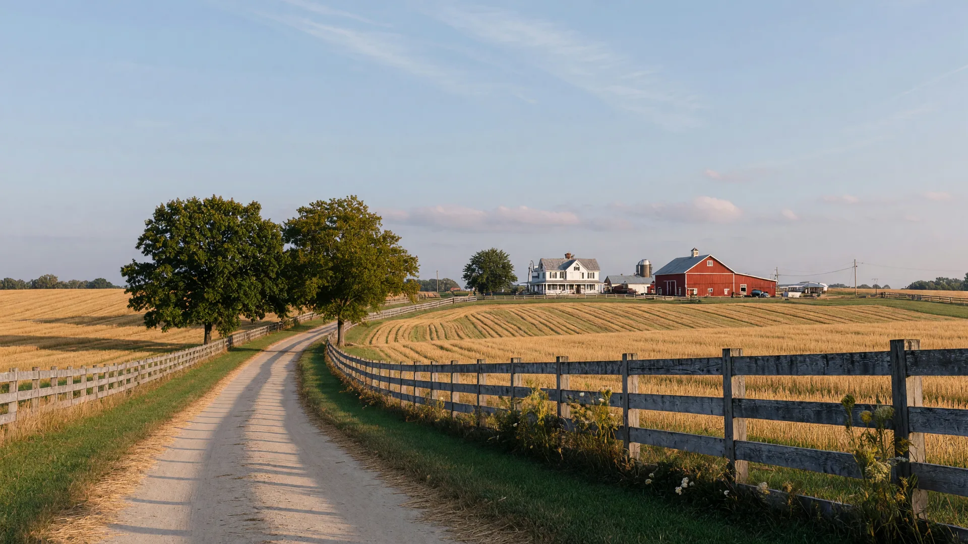 A quiet country lane in New Hanover Township with golden hay fields, a white farmhouse and red barn in the distance under a big open sky