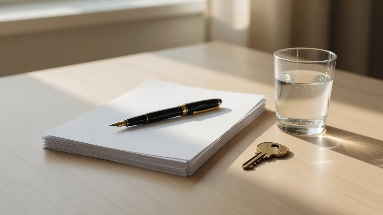 A fountain pen laid across a clean stack of closing papers with a brass house key in warm window light, representing a smooth transaction from start to close