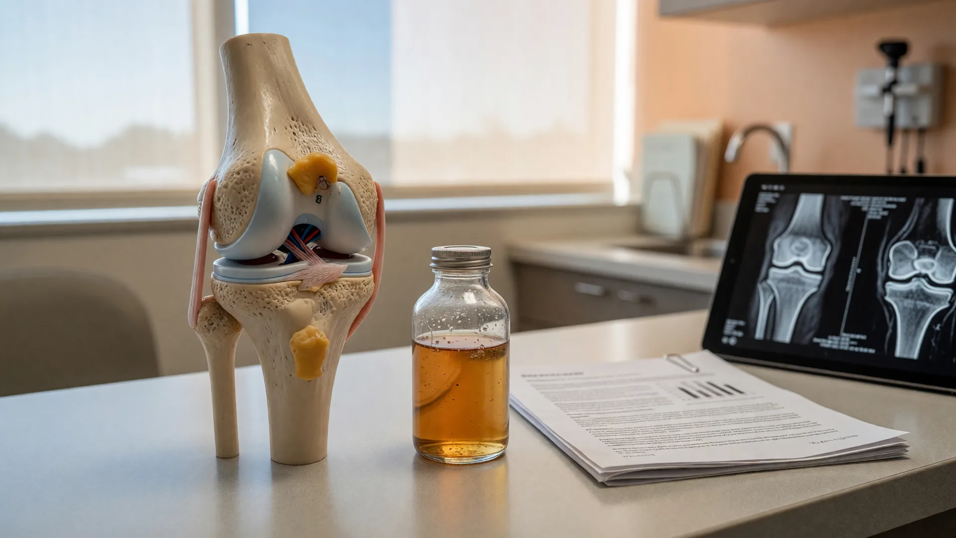 An anatomical model of a human knee joint on a clinic counter beside a glass vial of biologic liquid, a folded research paper, and a tablet showing a joint imaging scan