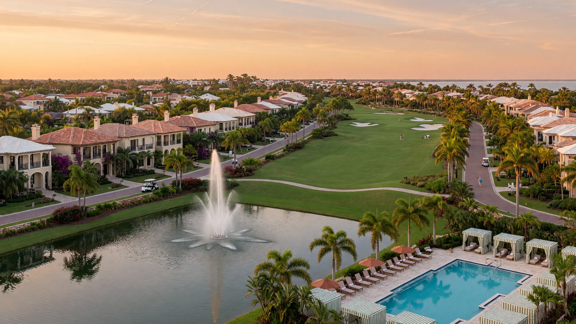 An upscale Florida Gulf Coast master-planned community at golden hour with a lake and fountain, a resort-style pool, a golf fairway, and Mediterranean-style homes