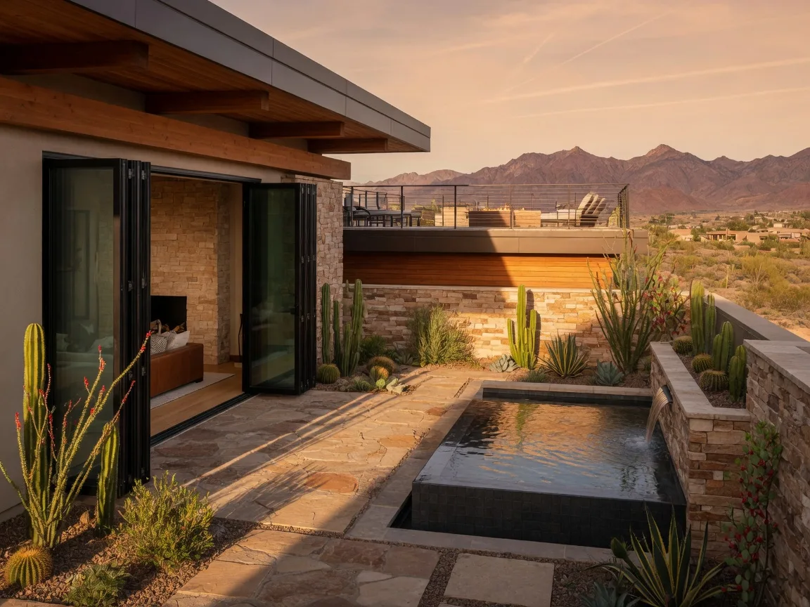 Private desert courtyard at a Southwestern foothills home with a small pool, stone pavers and large sliding glass doors