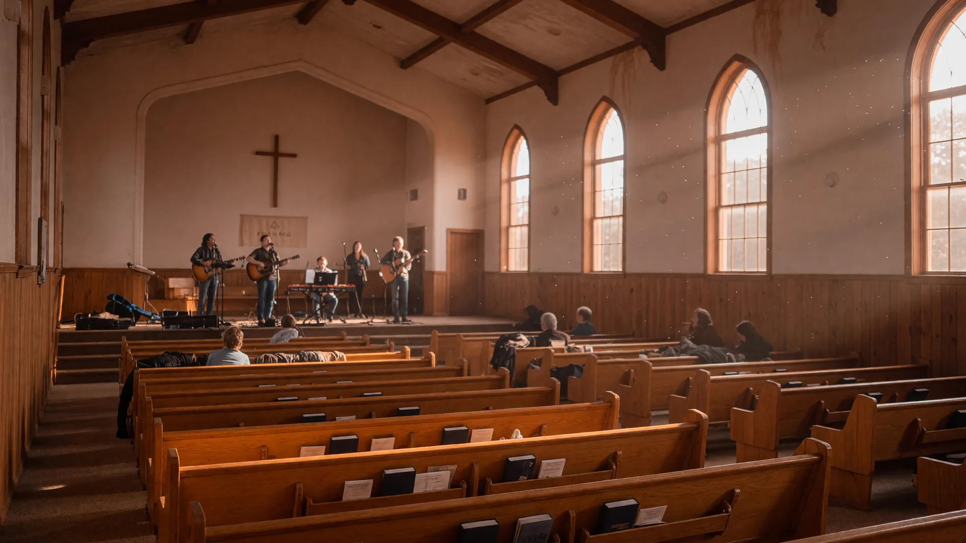 A contemporary Christian vocal group performing an acoustic concert inside a warm, wood-toned Texas church sanctuary with wooden pews and amber window light