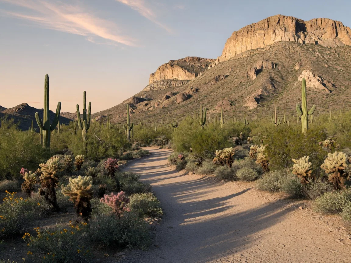 A desert hiking trail winding past saguaro and cholla toward the rugged White Tank Mountains ridgeline in golden-hour light