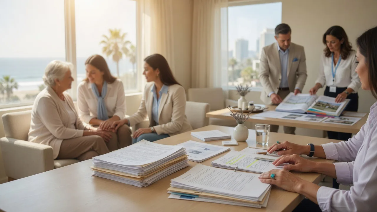 An adult child and an older parent in a bright consultation with a professional advisor, with other transition professionals collaborating nearby