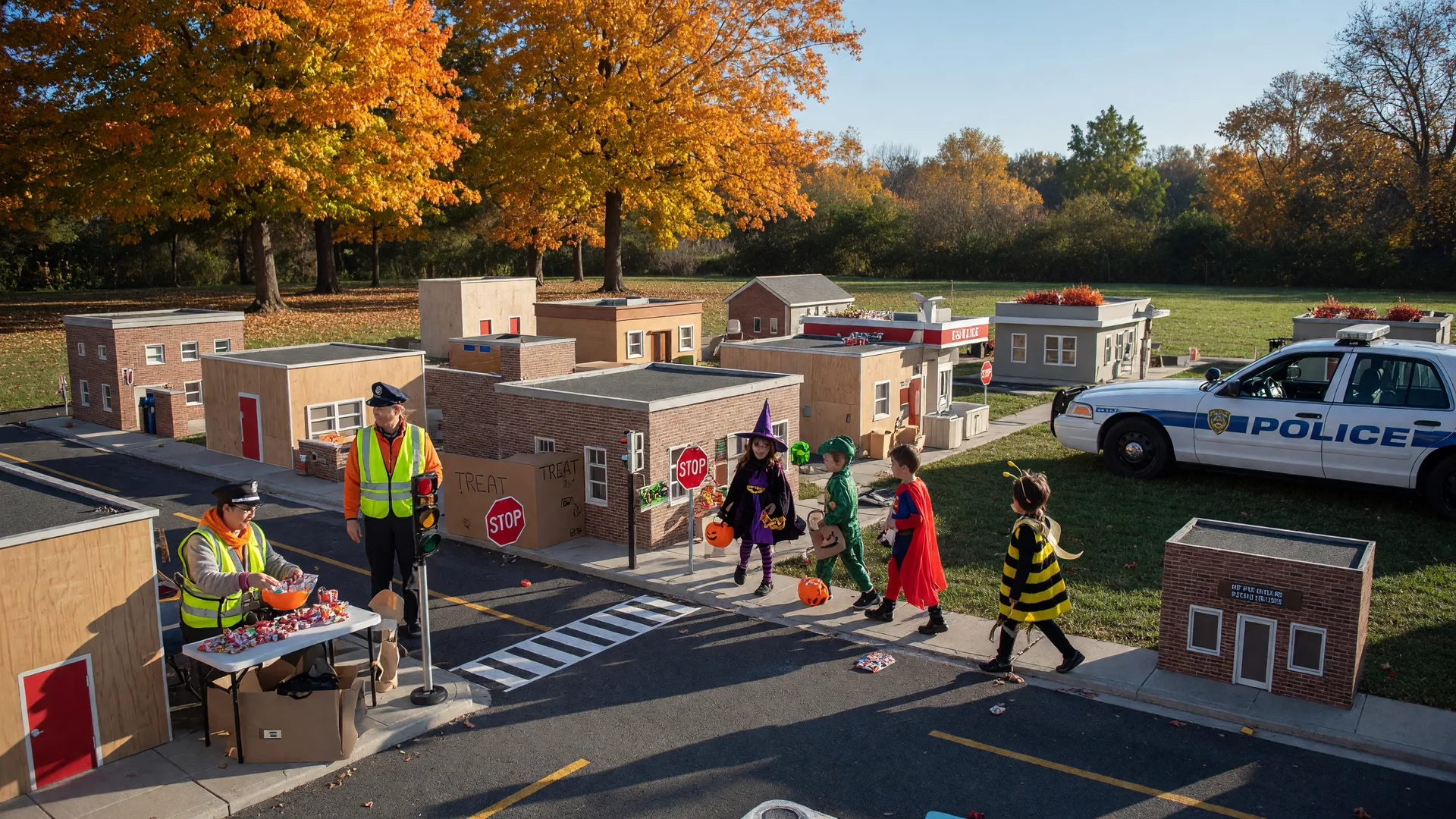 Miniature Safety Town village with costumed children trick-or-treating between volunteer candy stations in crisp autumn light