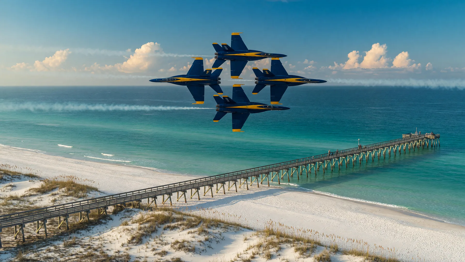 Four blue and gold Navy jets flying in tight diamond formation low over the turquoise water and white sand of Pensacola Beach, contrails streaming behind them.