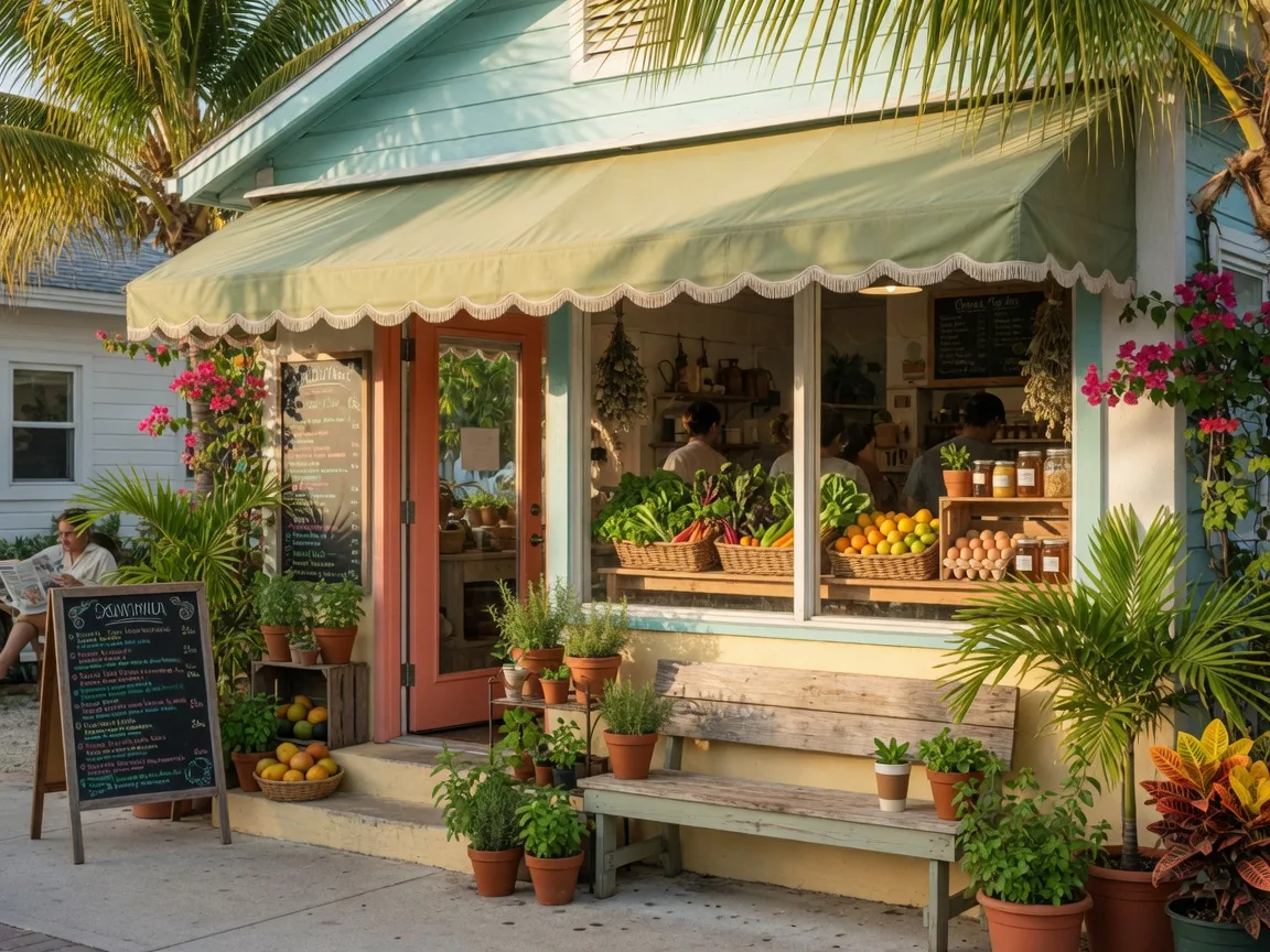 Cozy organic cafe and natural market storefront in Marathon, Florida Keys with warm morning light, chalkboard menu, and tropical landscaping
