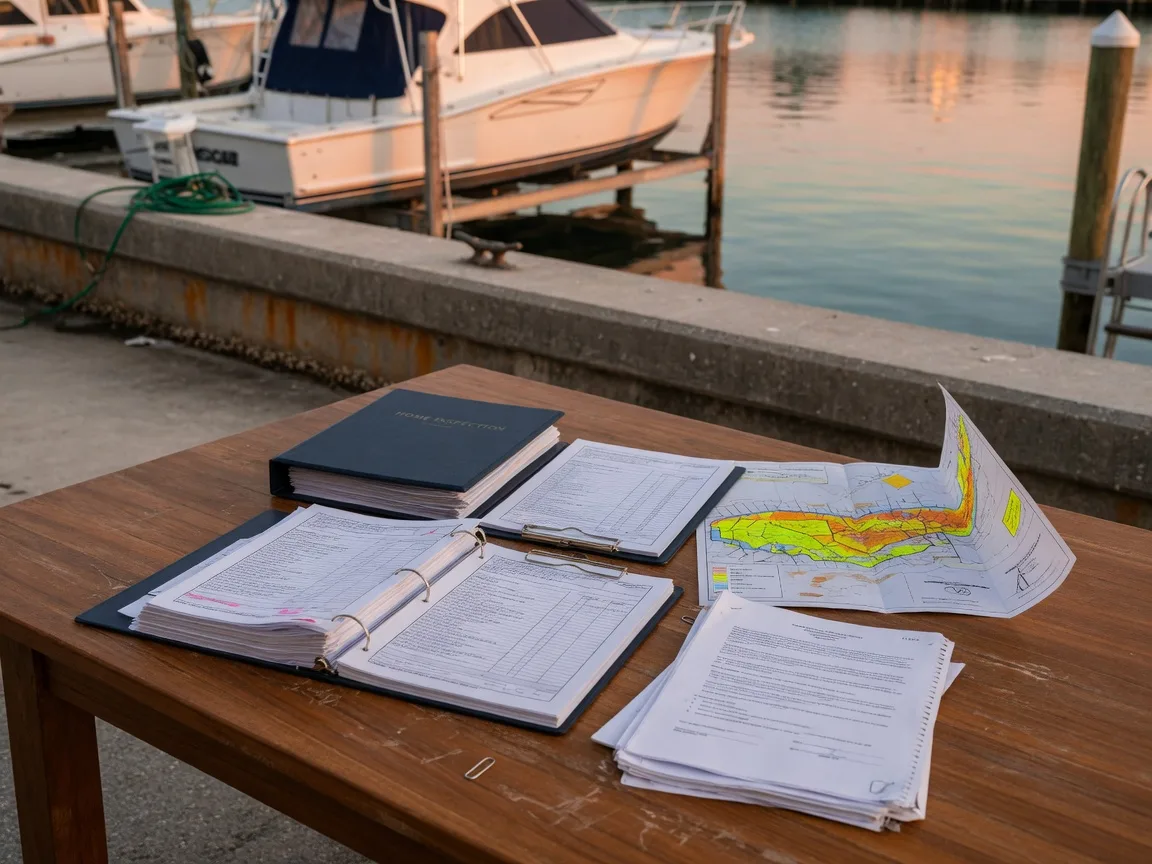 A close view of an inspection binder, an elevation certificate, a flood zone map, and a real estate contract on a teak table beside a Florida Keys deep-water canal in the late afternoon, a concrete seawall, boat lift, and sportfishing yacht softly blurred behind