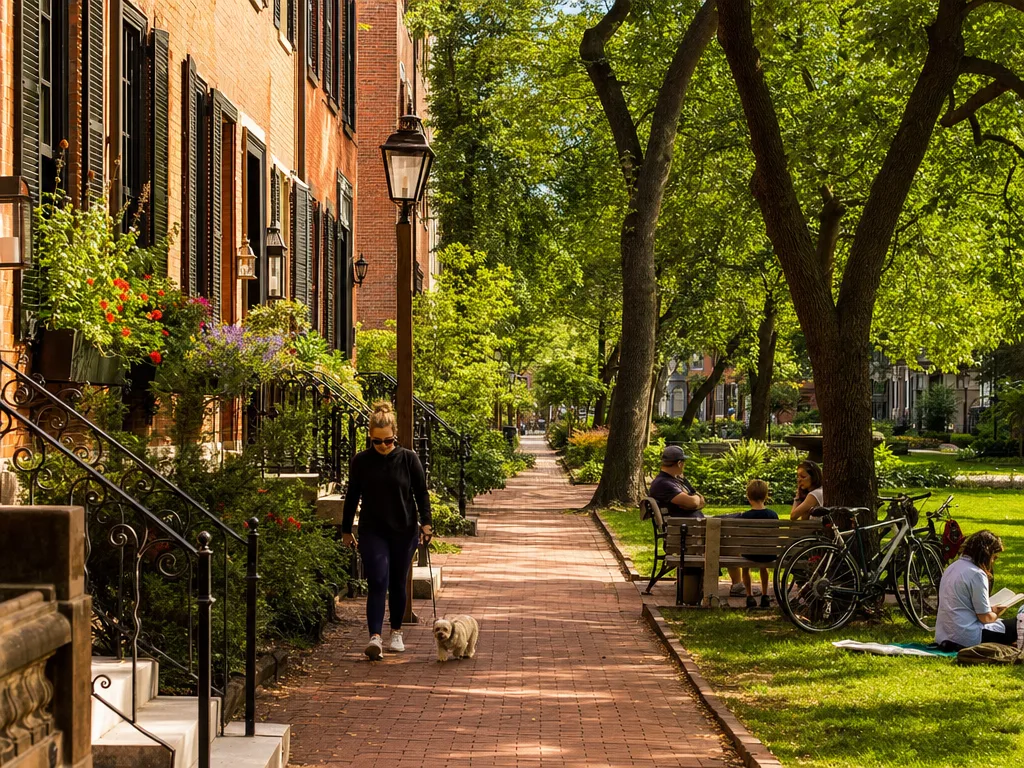 Everyday life in Fitler Square Philadelphia with resident walking dog past historic brick townhomes