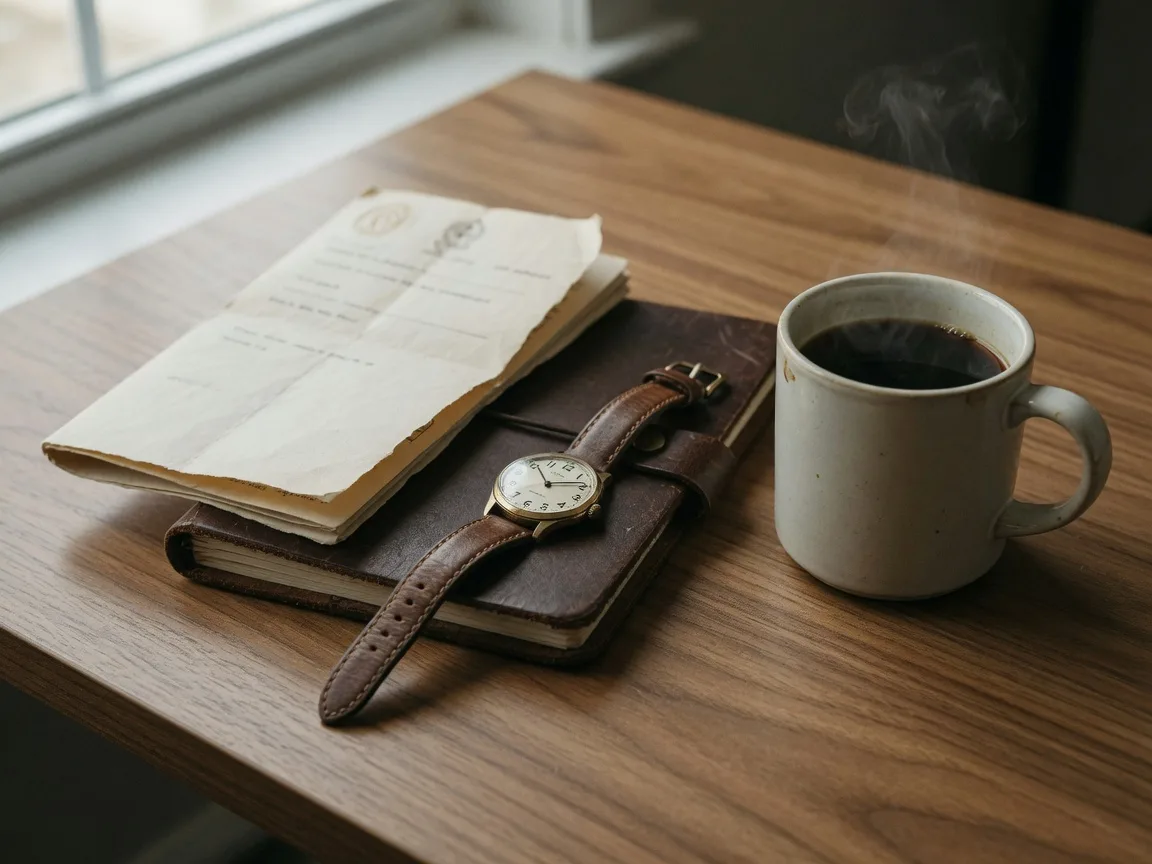 A leather-strapped watch and folded document on a walnut desk beside a mug of coffee