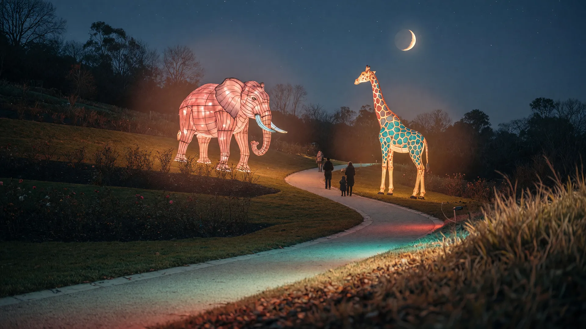 Glowing animal-shaped lanterns along a winding garden path at an East Bay zoo on a clear winter night, with a crescent moon and distant visitor silhouettes