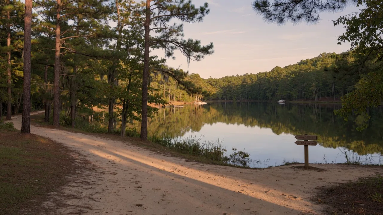 Peaceful lake surrounded by pine forest viewed from a sandy equestrian trail at Langley Pond Park in Aiken County