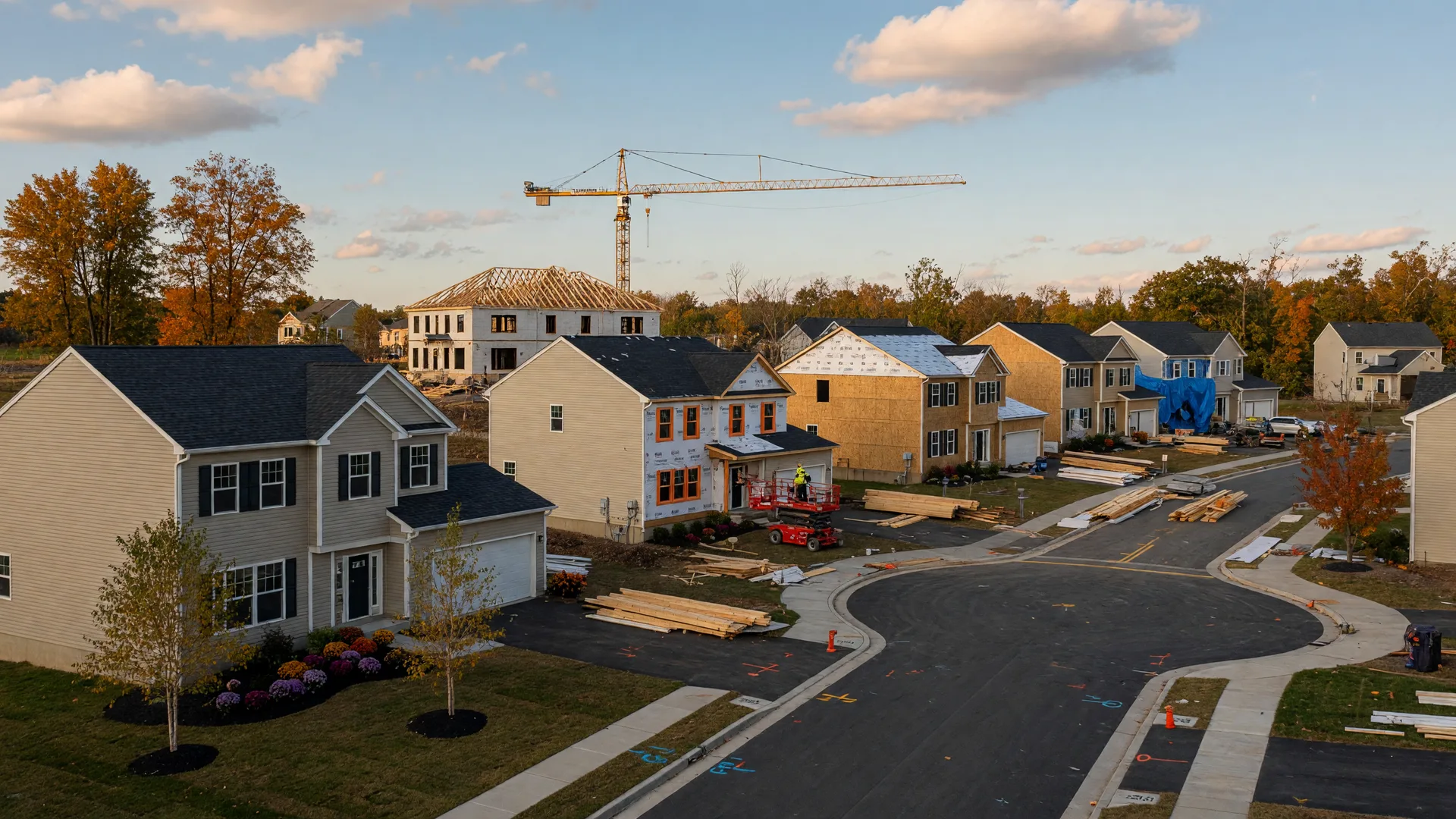 New single-family homes under construction in a Pennsylvania residential development on a crisp October afternoon, with framing, new siding, finished homes, and fall trees along the lots