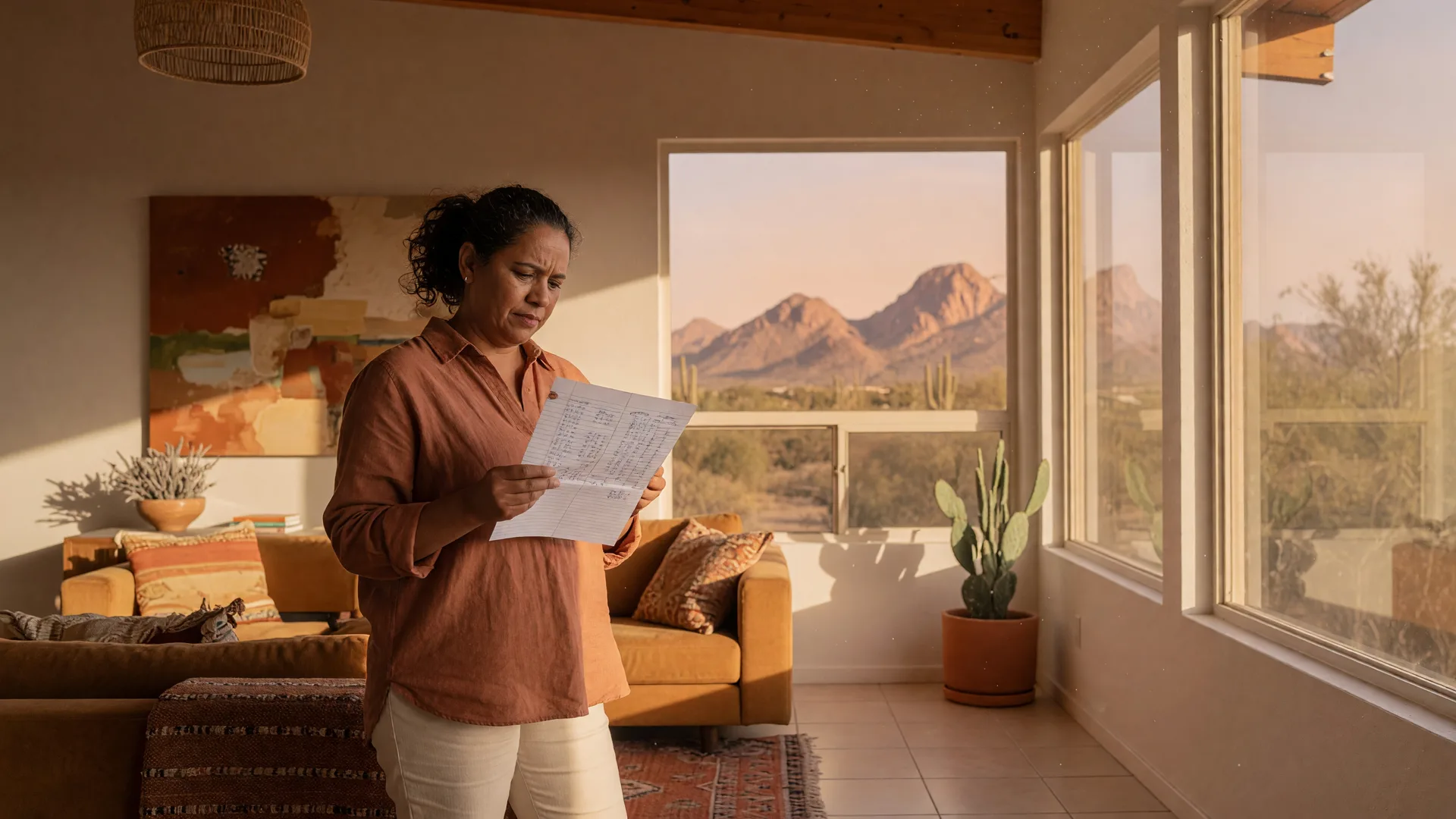Person thoughtfully reviewing numbers in a bright, airy Phoenix living room with desert mountain views