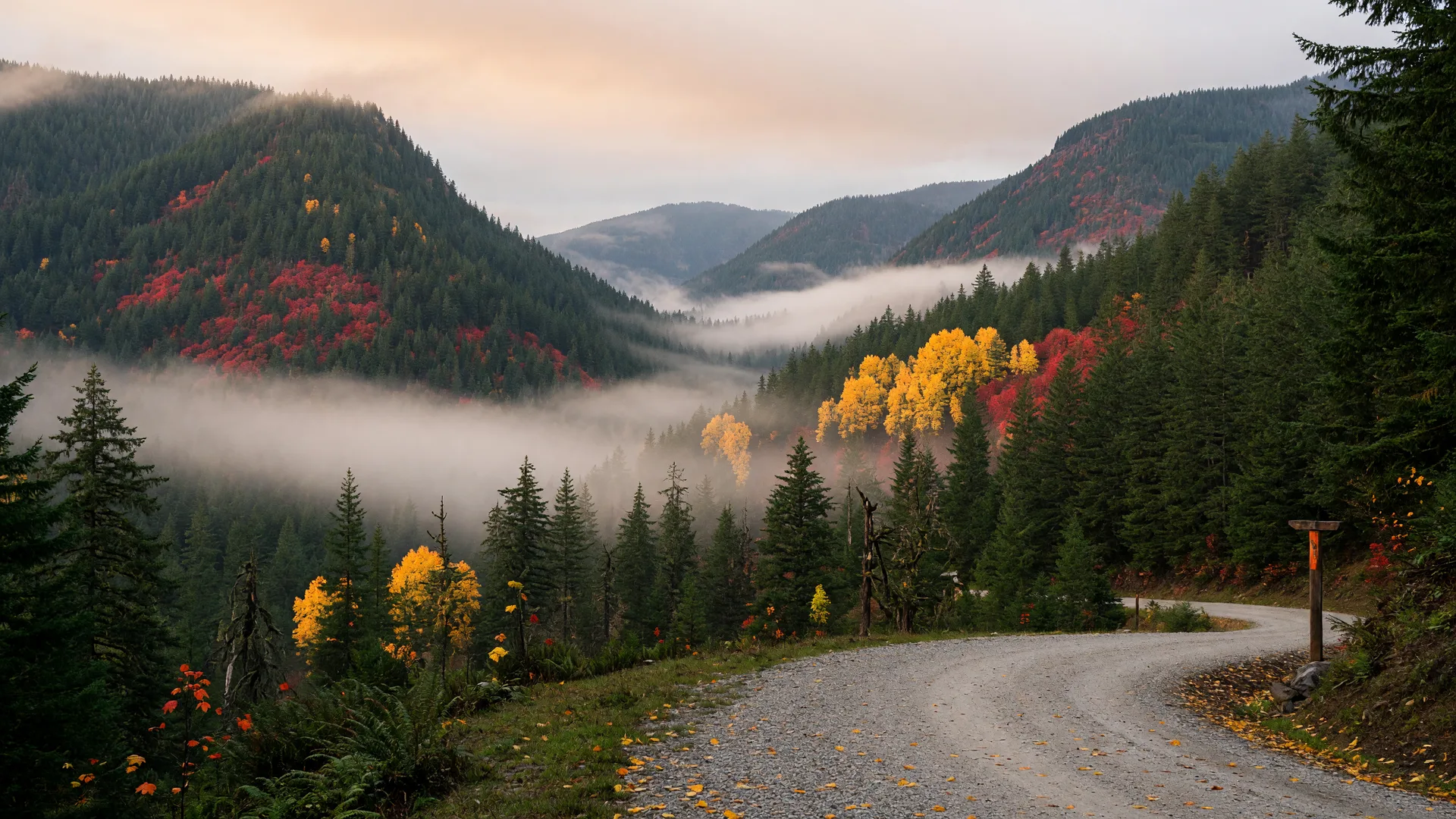 Misty October morning in the Cascade foothills east of Estacada, with steep Douglas fir ridges, gold and red autumn maples, and low fog drifting through a forested valley