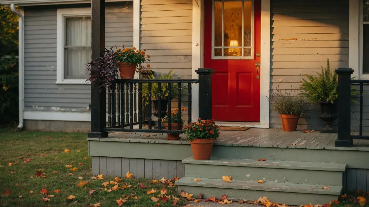 A classic bungalow front porch with an open red door in golden light