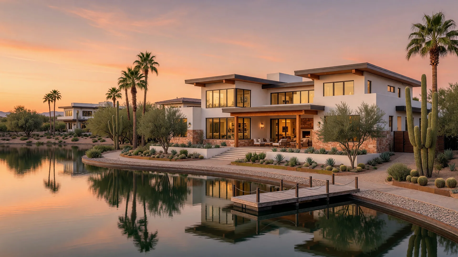 A lakeside luxury home in Chandler, Arizona at golden hour, with a calm community lake reflecting the warm evening sky and desert landscaping