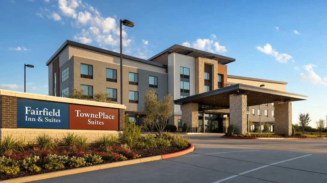 Modern dual-branded hotel entrance with Fairfield Inn & Suites and TownePlace Suites signage on a bright Texas morning